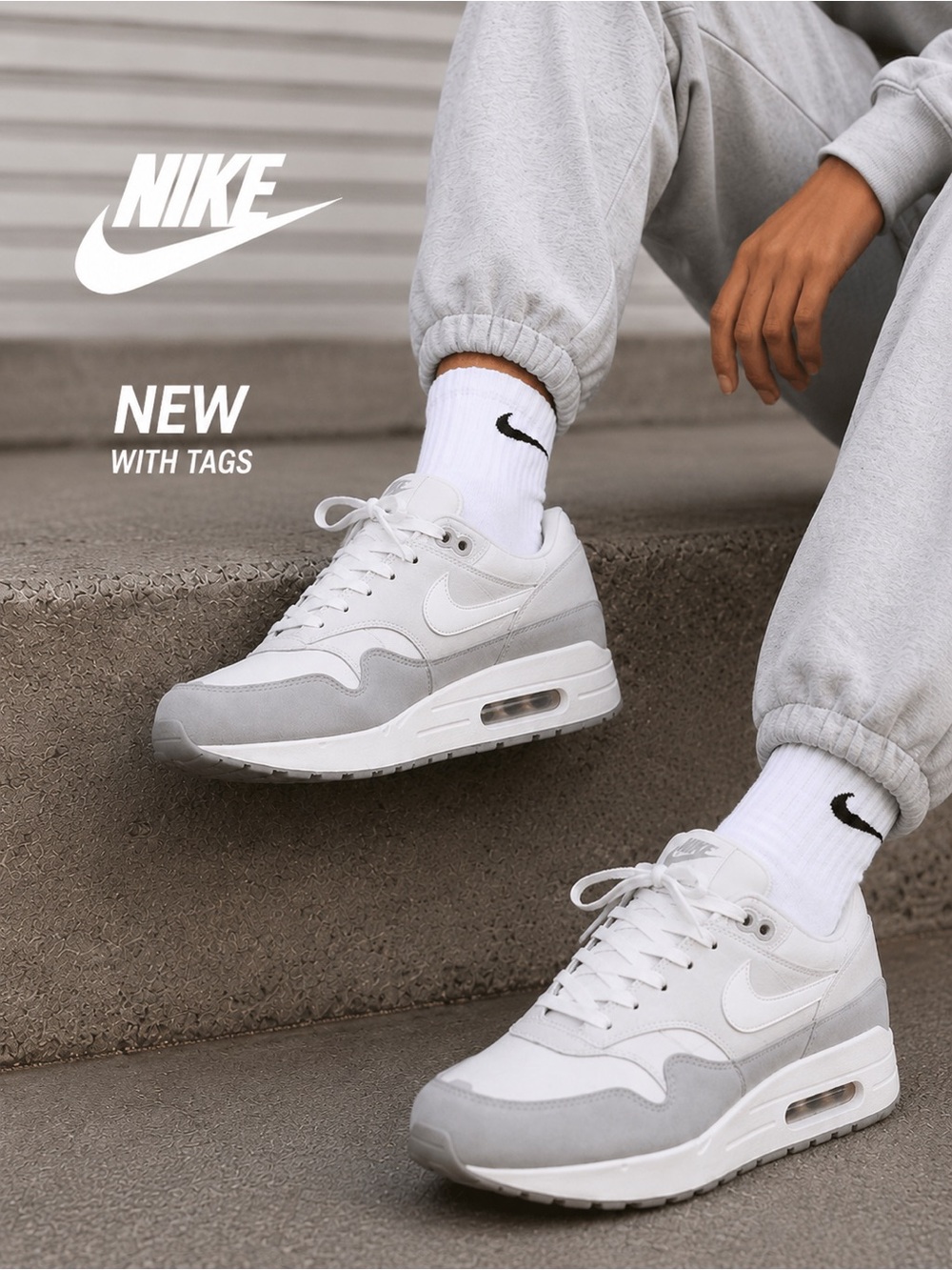 Nike Air Max 1 ‘87 Sneakers Smoke Grey  and white comfort cushioning NWT 7.5